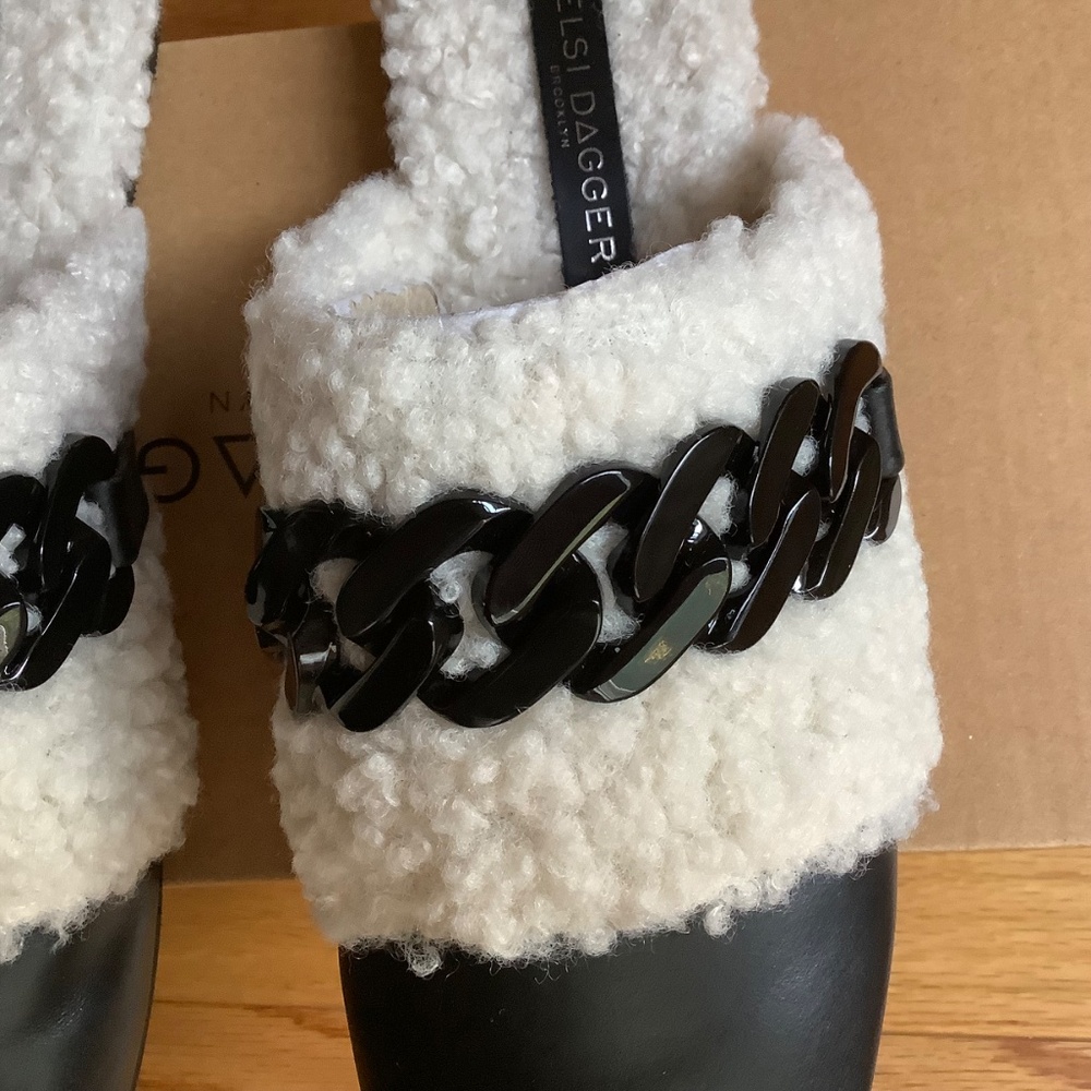 Kelsi Dagger Chunky Chain Faux Shearling Leather Slip-On Mule  Black SZ 9.5 - Picture 4 of 14